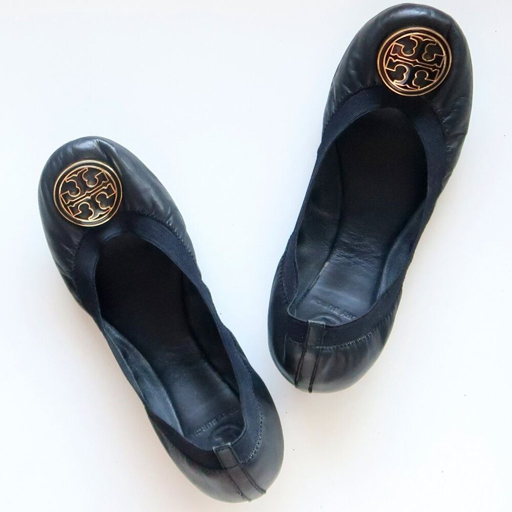 Tory Burch Black Leather Round Toe Ballet Flats Gold Logo Classic Designer Shoes - Picture 16 of 16